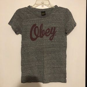 Obey grey and maroon logo graphic tee shirt